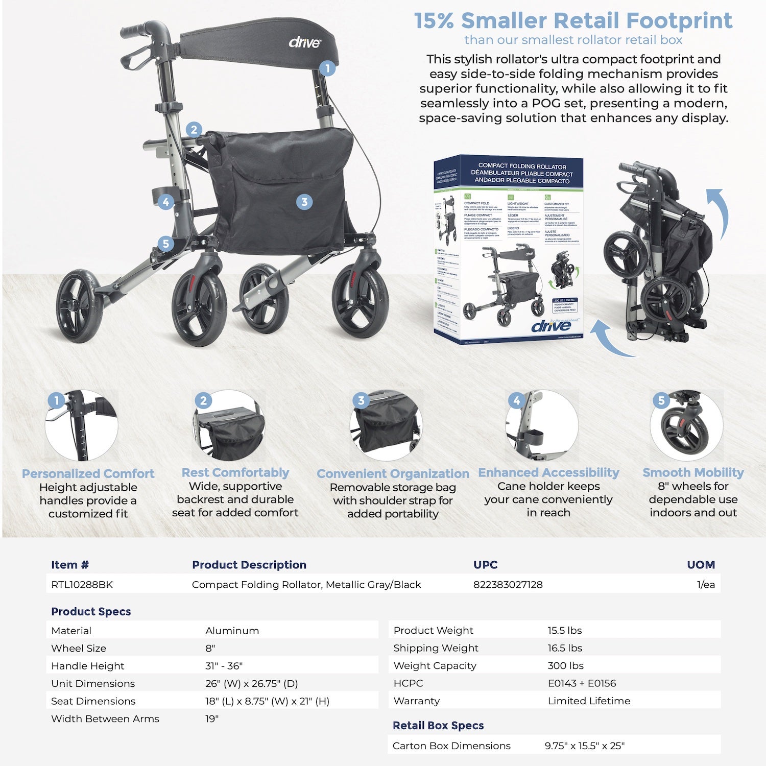 Drive Compact Folding Rollator – Lightweight, Adjustable, Travel ...